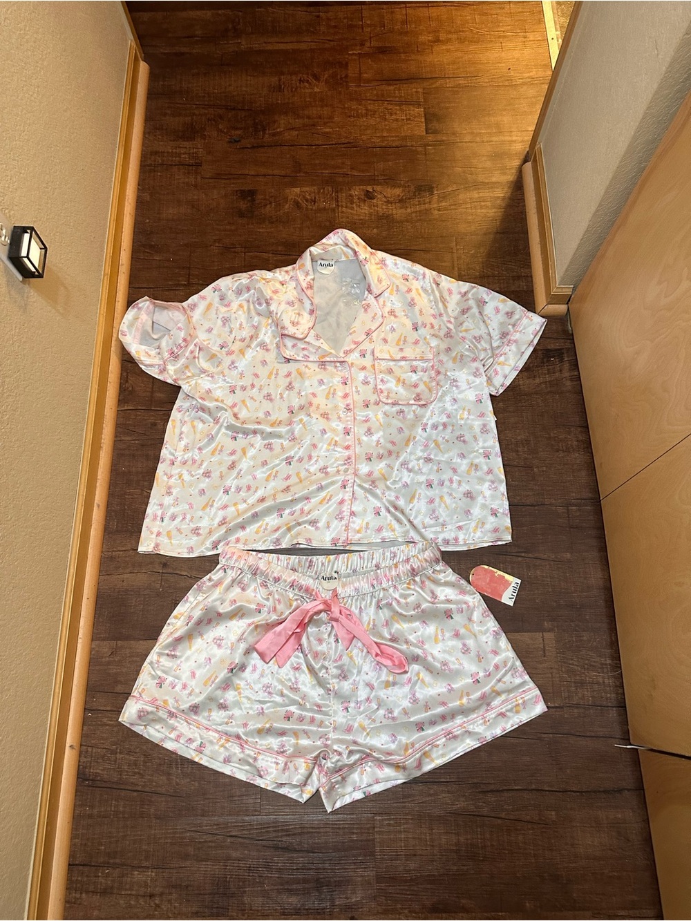 ARULA Pink Floral Satin Short Sleeve Pajama Set